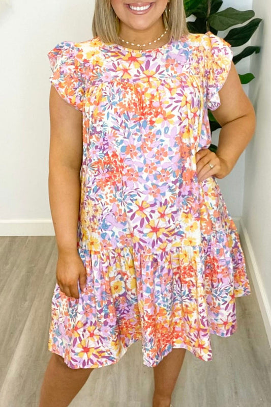 Multicolor Floral Print Ruffled Short Sleeve Plus Size Dress Plus Size JT's Designer Fashion