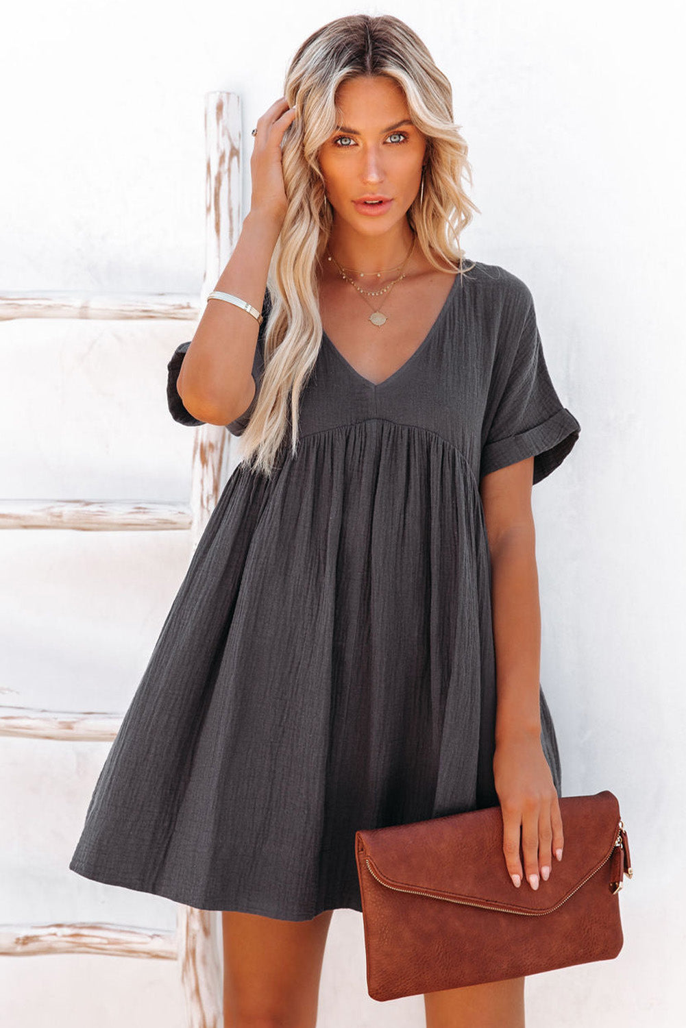 Gray Roll Up Short Sleeve V Neck Babydoll Mini Dress Mini Dresses JT's Designer Fashion