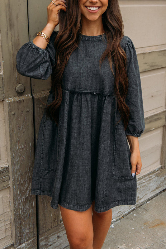 Black Balloon Sleeve High Waist Denim Mini Dress Dresses JT's Designer Fashion