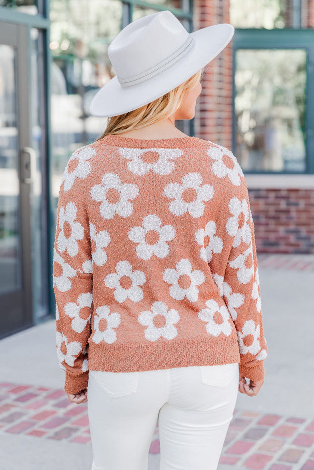 Grapefruit Orange Fuzzy Floral Knitted Drop Shoulder Sweater Pre Order Sweaters & Cardigans JT's Designer Fashion