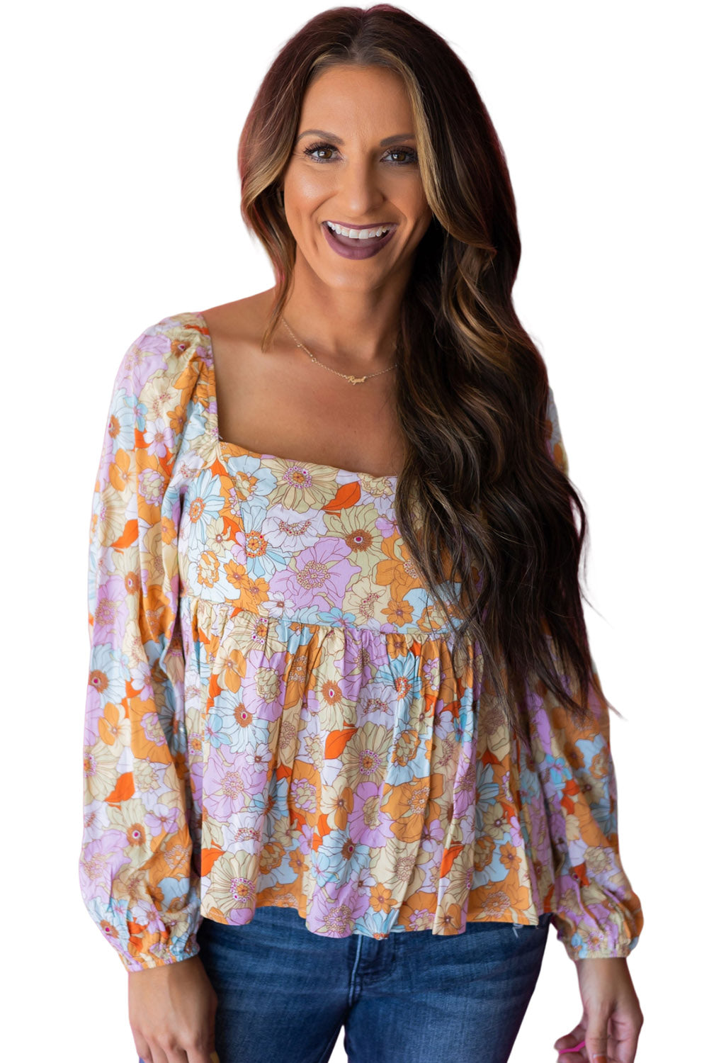 Multicolor Floral Square Neck Puff Sleeve Babydoll Blouse Tops & Tees JT's Designer Fashion