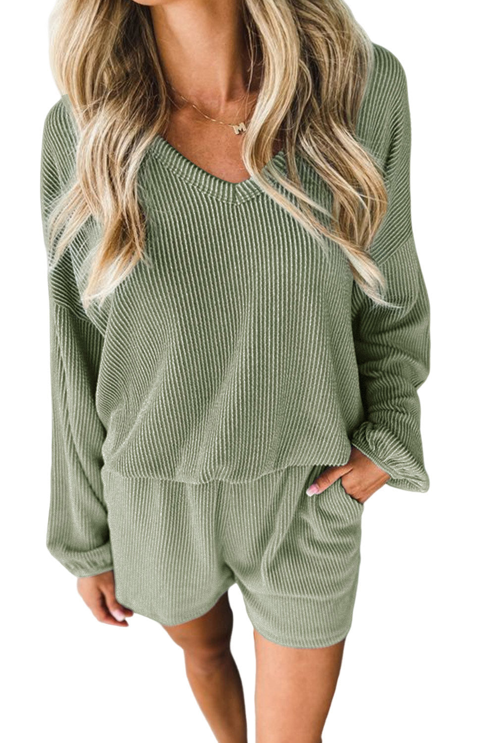 Grass Green Corded V Neck Slouchy Top Pocketed Shorts Set Bottoms JT's Designer Fashion