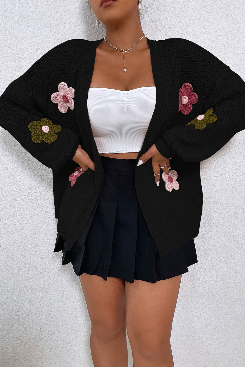 Black Floral Applique Drop Shoulder Bubble Sleeve Cardigan Pre Order Sweaters & Cardigans JT's Designer Fashion