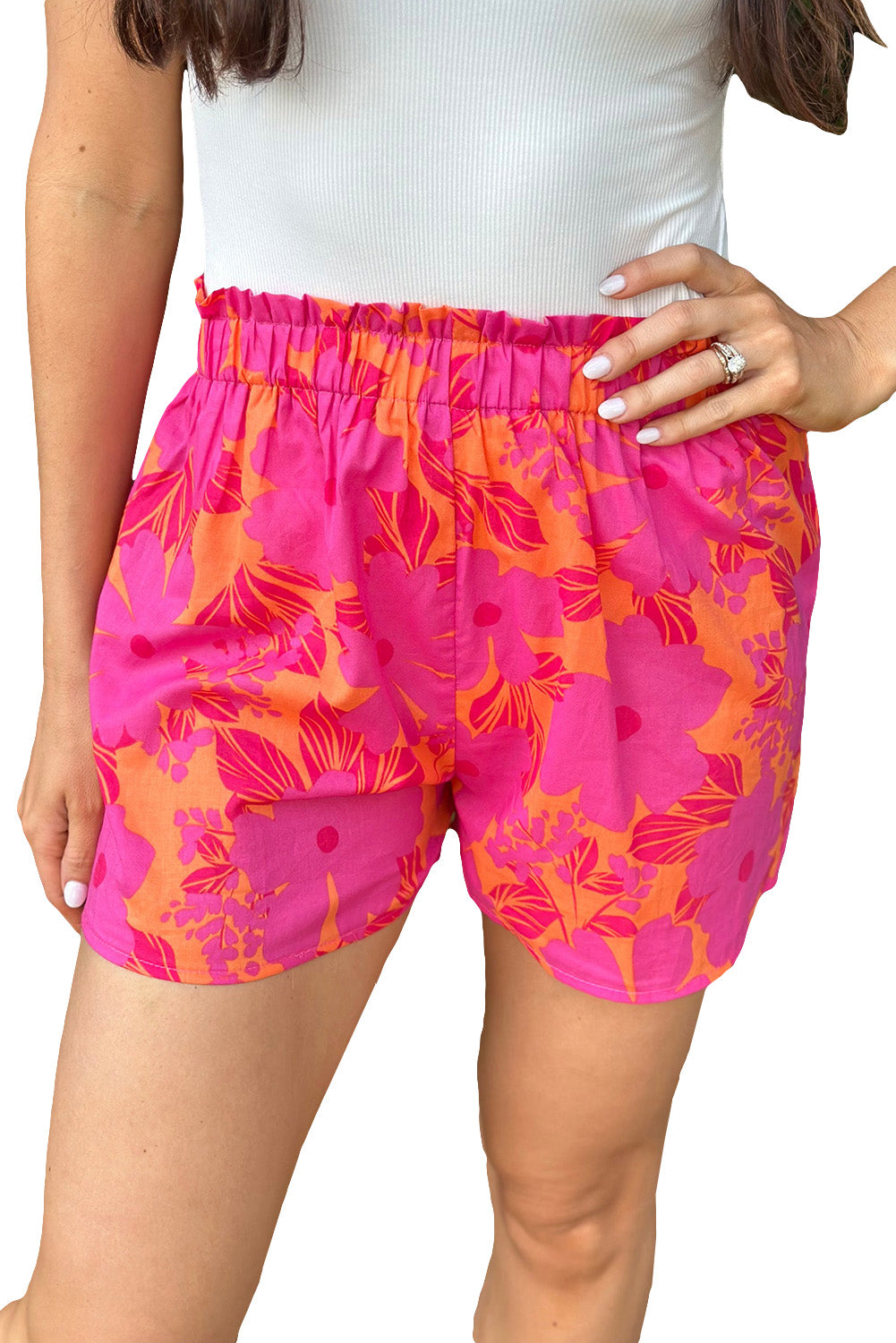 Pink Floral Print Smocked Waist Shorts Bottoms JT's Designer Fashion