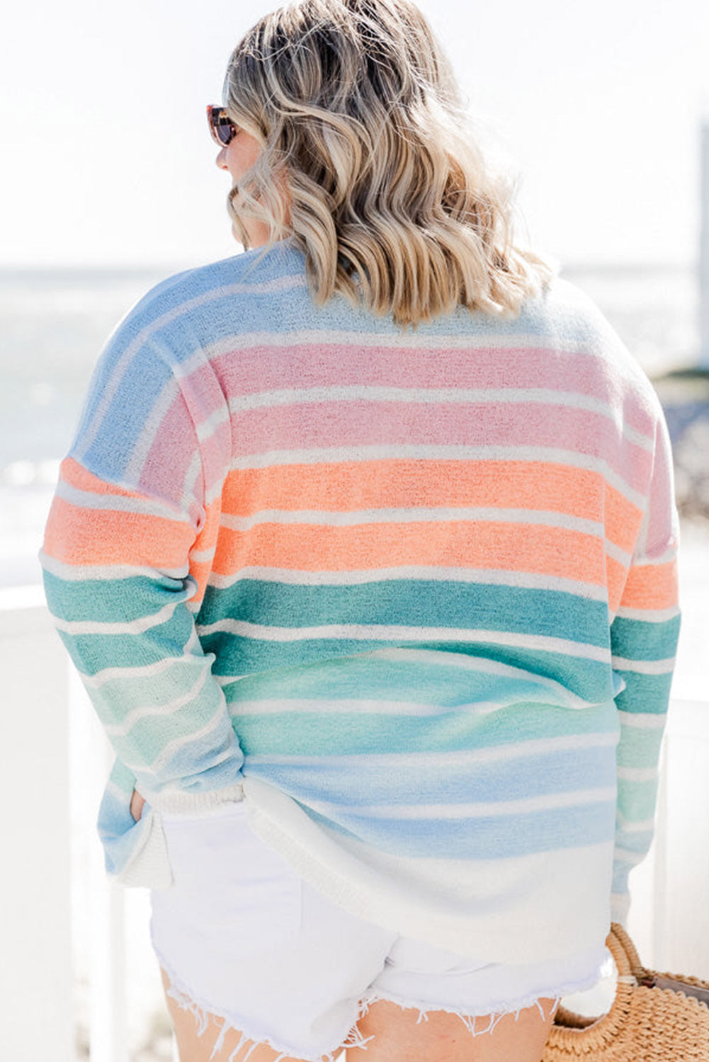 Multicolor Striped Long Sleeve Crewneck Plus Size Sweater Plus Size JT's Designer Fashion