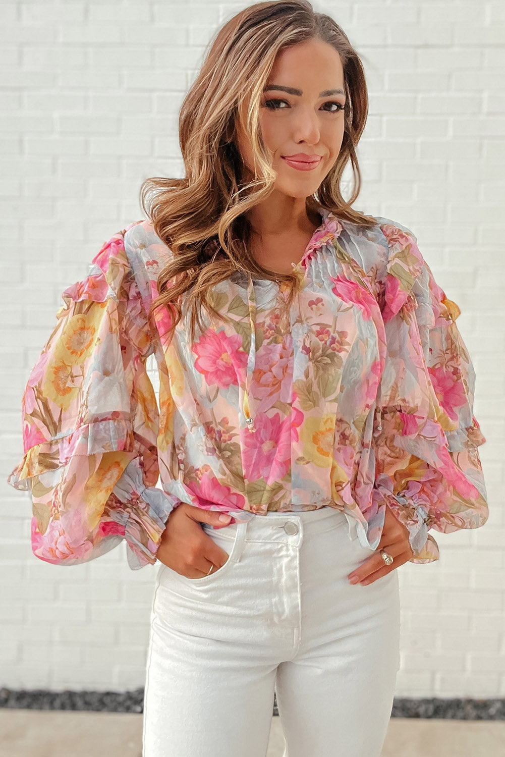 Pink Floral Print Tiered Ruffled Long Sleeve Blouse Tops & Tees JT's Designer Fashion