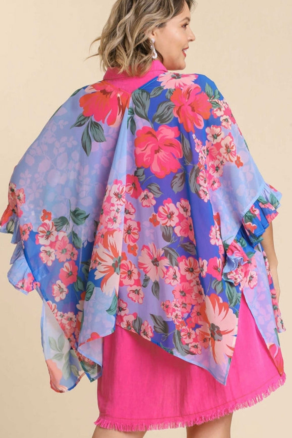 Sky Blue Floral Print Ruffled 3/4 Sleeve Loose Fit Kimono Kimonos JT's Designer Fashion