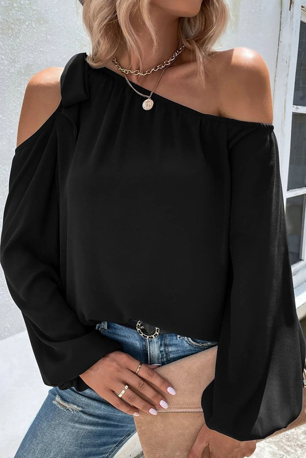 Black Knotted Asymmetric Off Shoulder Blouse Tops & Tees JT's Designer Fashion