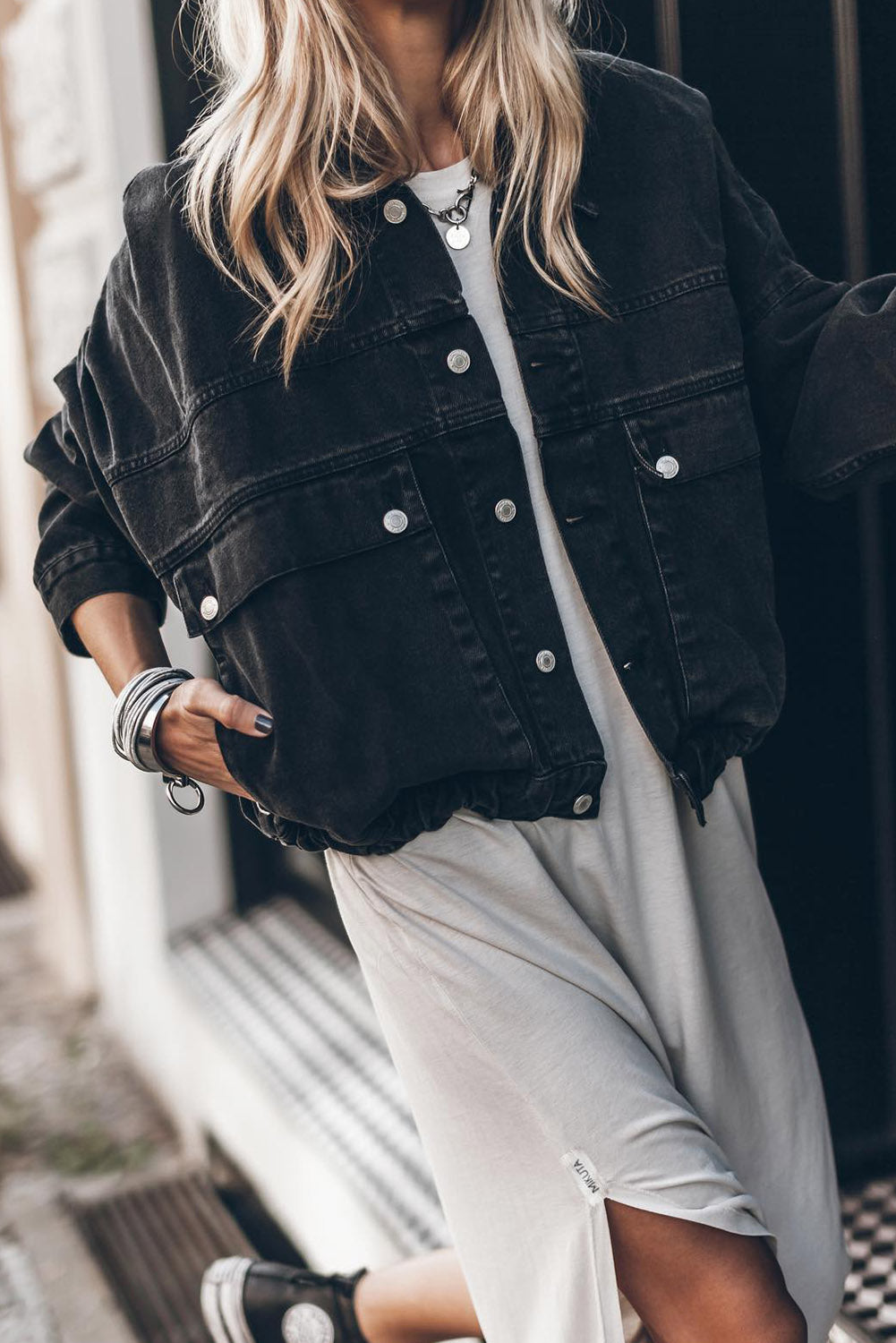 Black Buttoned Flap Pocket Denim Jacket Denim jackets JT's Designer Fashion