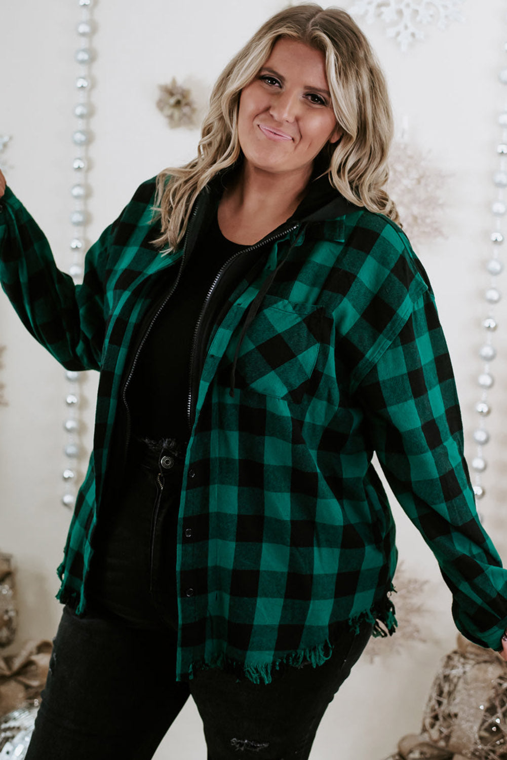 Blackish Green Plus Size Plaid Hooded Distressed Zip-Up Jacket Plus Size JT's Designer Fashion