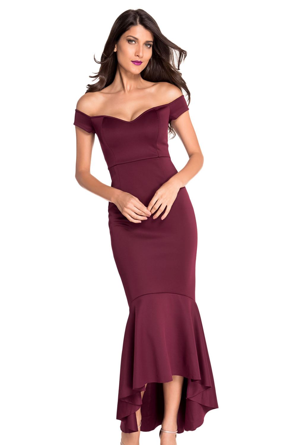 Maroon Off-shoulder Mermaid Jersey Prom Dress Evening Dresses JT's Designer Fashion