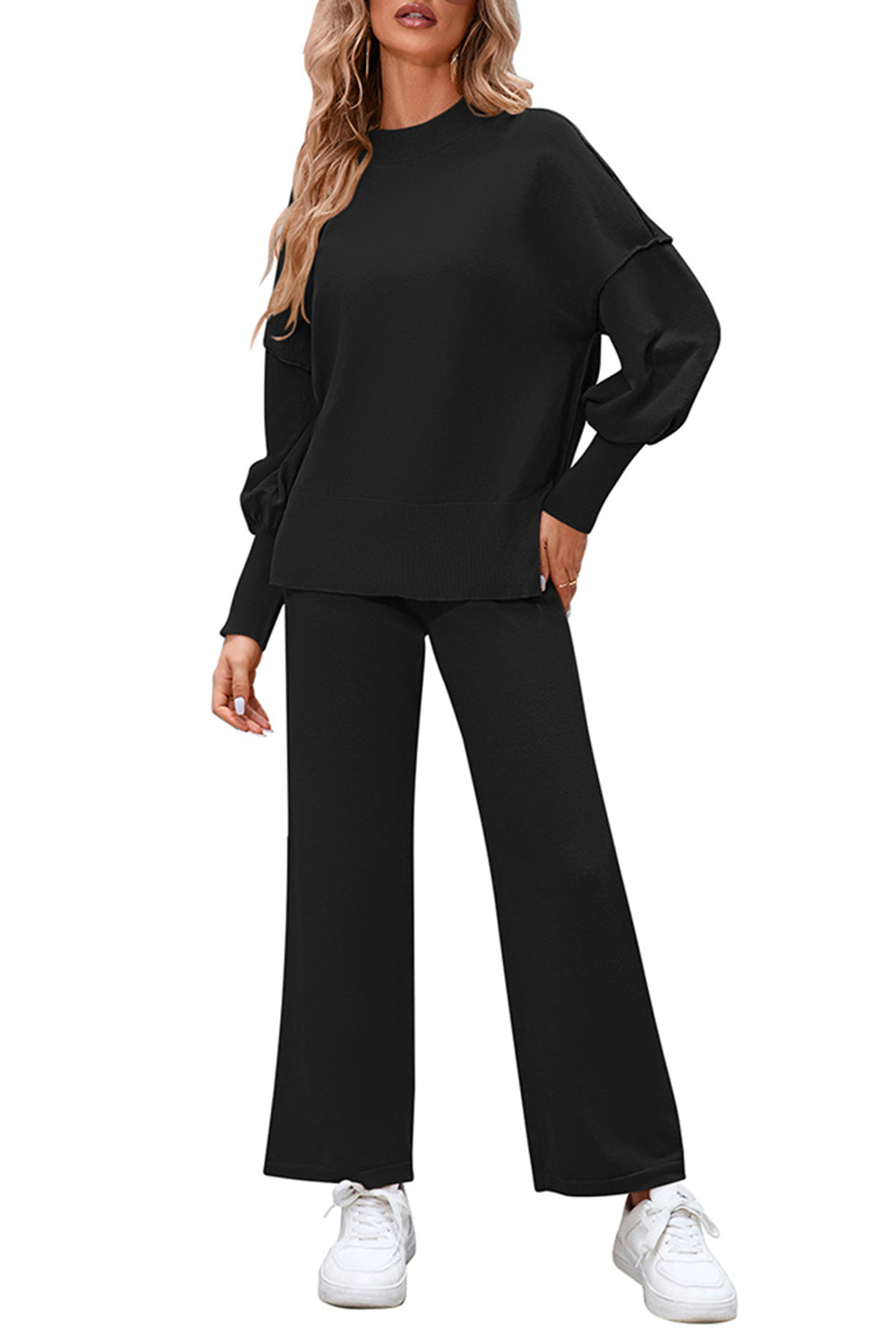 Black Ribbed Knit Drop Shoulder Loose Pants Set Pre Order Sweaters & Cardigans JT's Designer Fashion