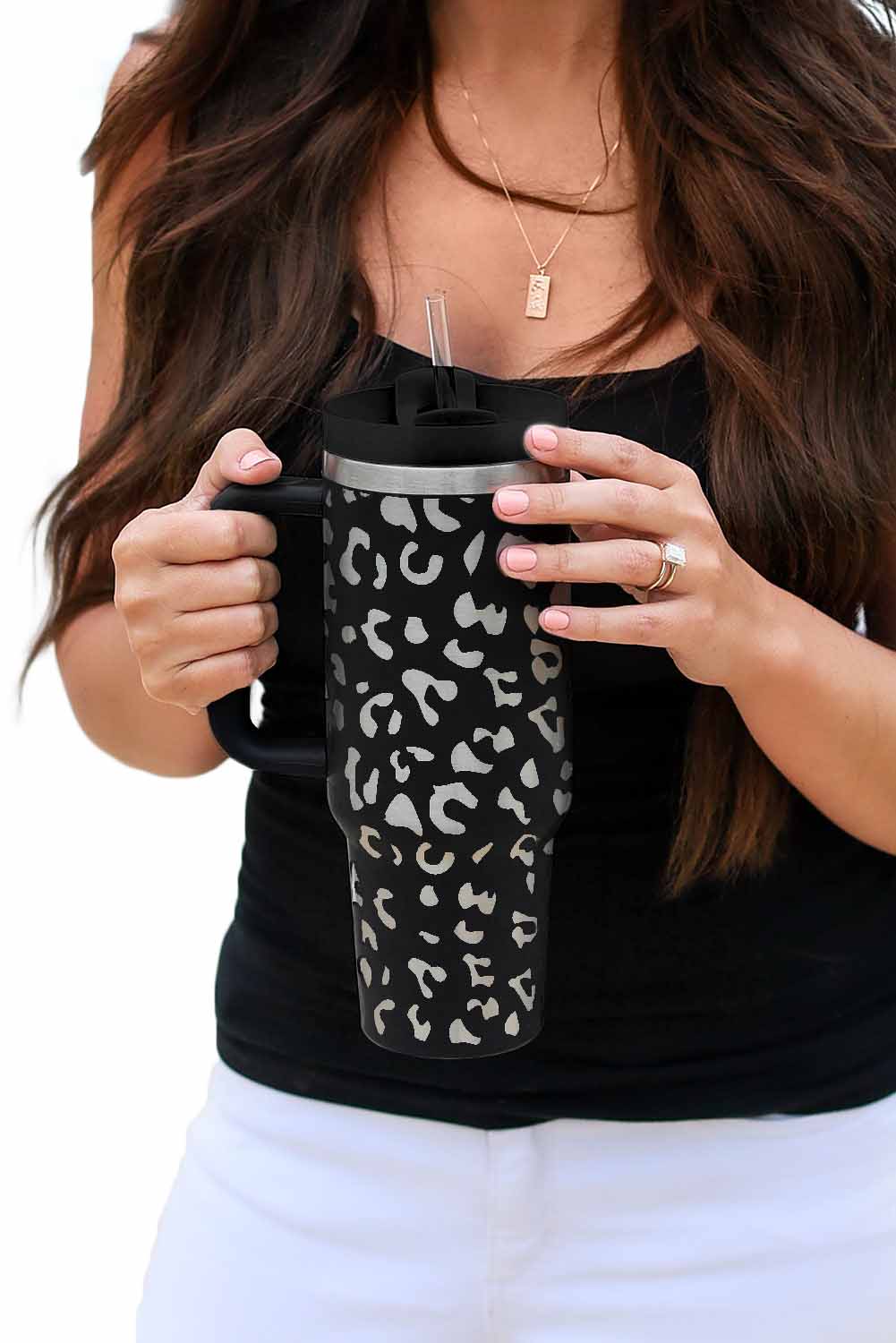 Black Leopard Print 40OZ Stainless Steel Portable Cup with Handle Tumblers JT's Designer Fashion