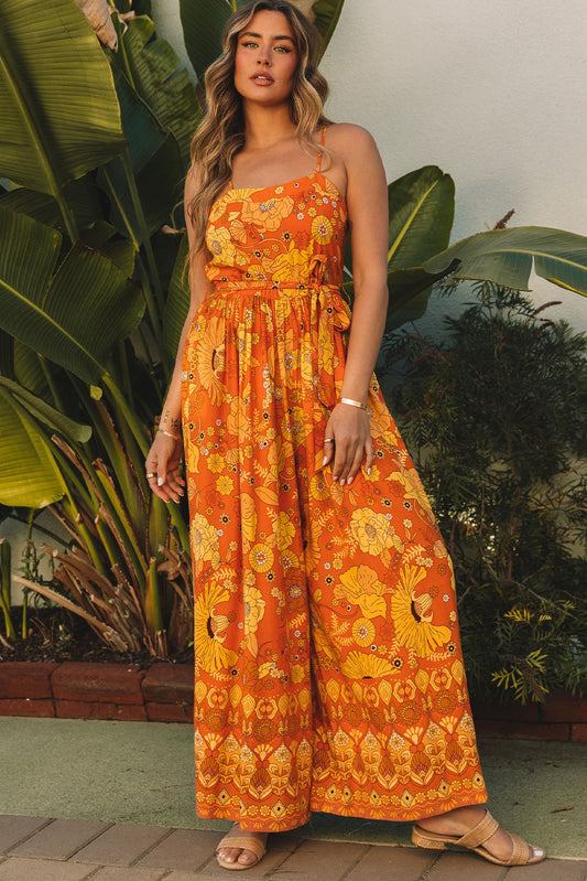 Orange Floral Wide Leg Sleeveless Jumpsuit Orange 100%Viscose Jumpsuits & Rompers JT's Designer Fashion