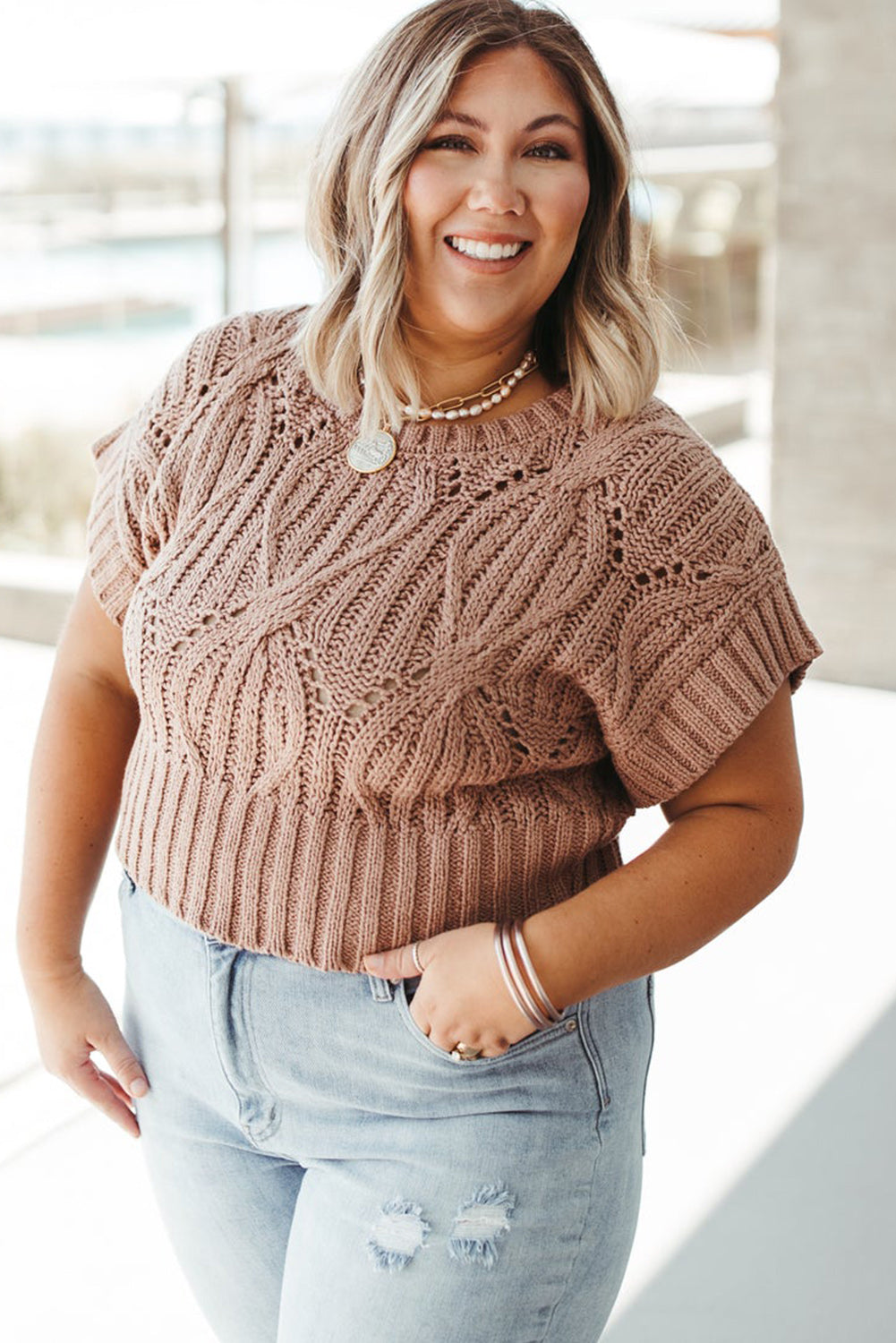 Smoke Gray Eyelet Crochet Short Sleeve Plus Size Knitted Top Plus Size JT's Designer Fashion