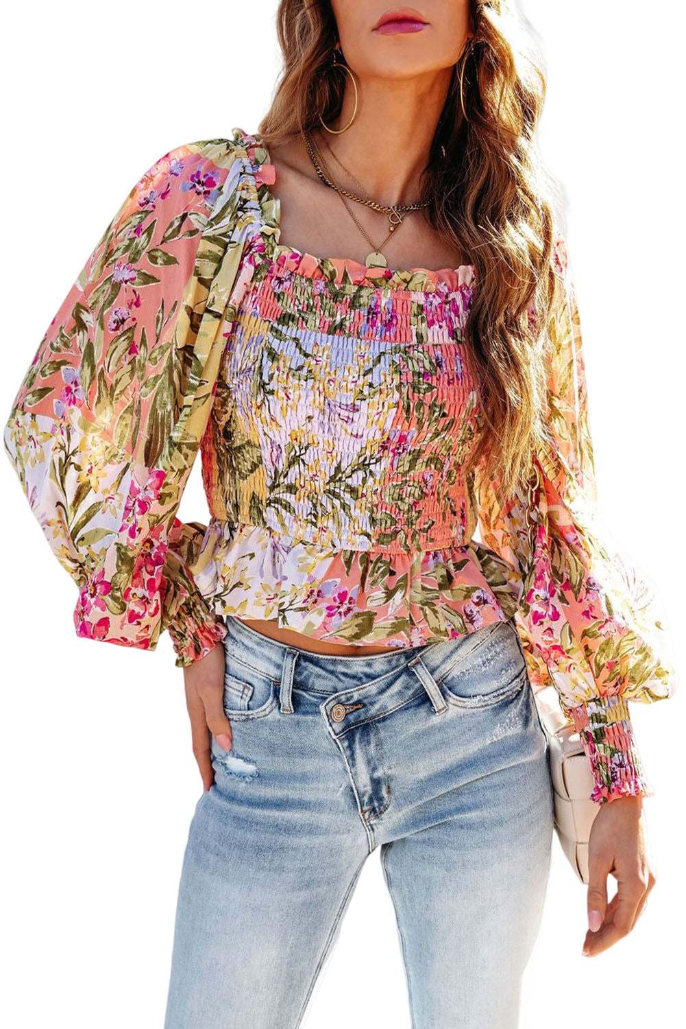 Multicolor Square Neck Ruffled Frilled Trim Floral Blouse Tops & Tees JT's Designer Fashion