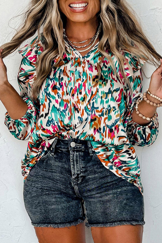 Multicolor Abstract Print Ruffled V Neck Plus Size Blouse Plus Size JT's Designer Fashion