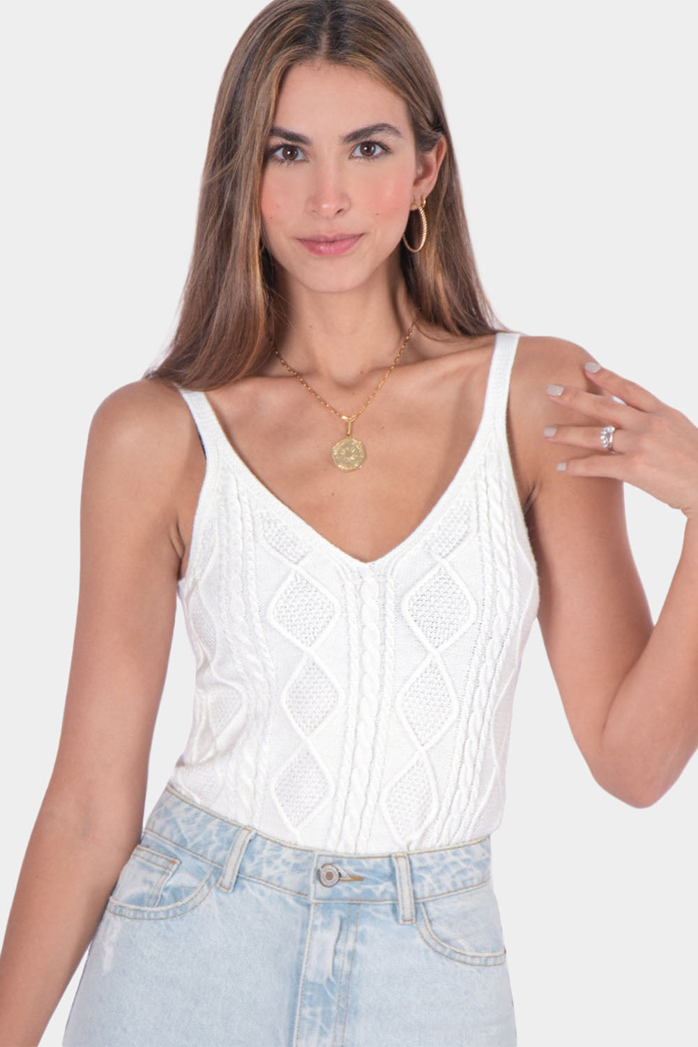 White Geometric Cable Knit Textured Tank Top Tank Tops JT's Designer Fashion