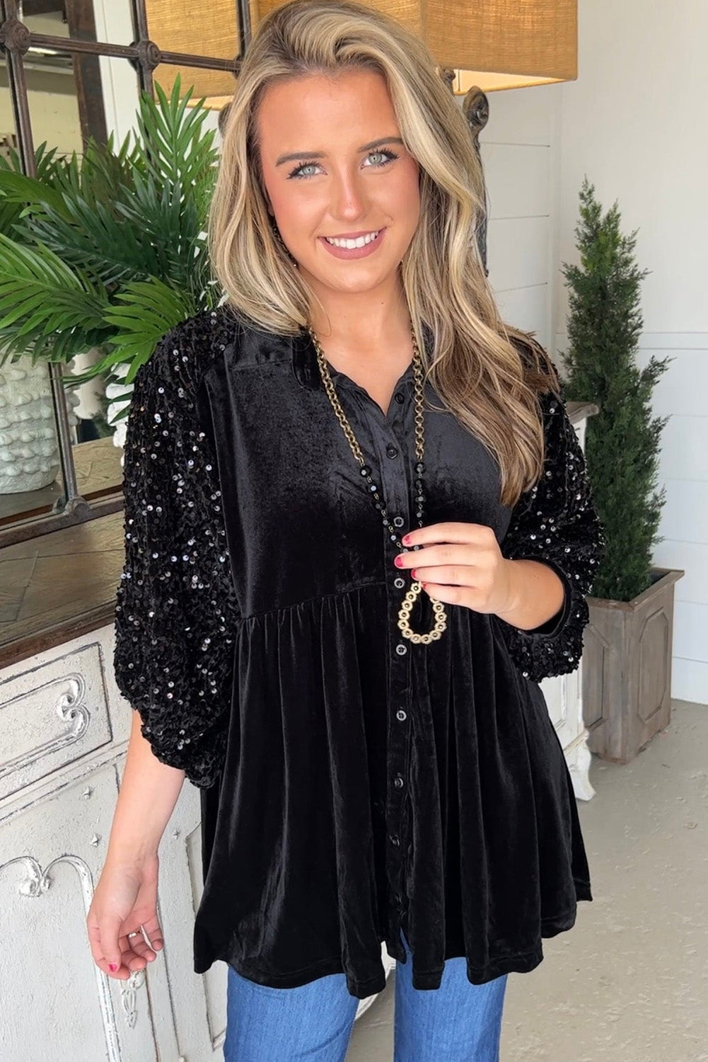 Black Sequin Puff Sleeve Buttoned Velvet Babydoll Blouse Tops & Tees JT's Designer Fashion