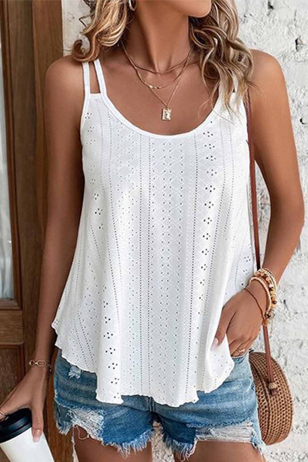 White Eyelet Strappy Scoop-Neck Tank Top White 95%Polyester+5%Elastane Tank Tops JT's Designer Fashion