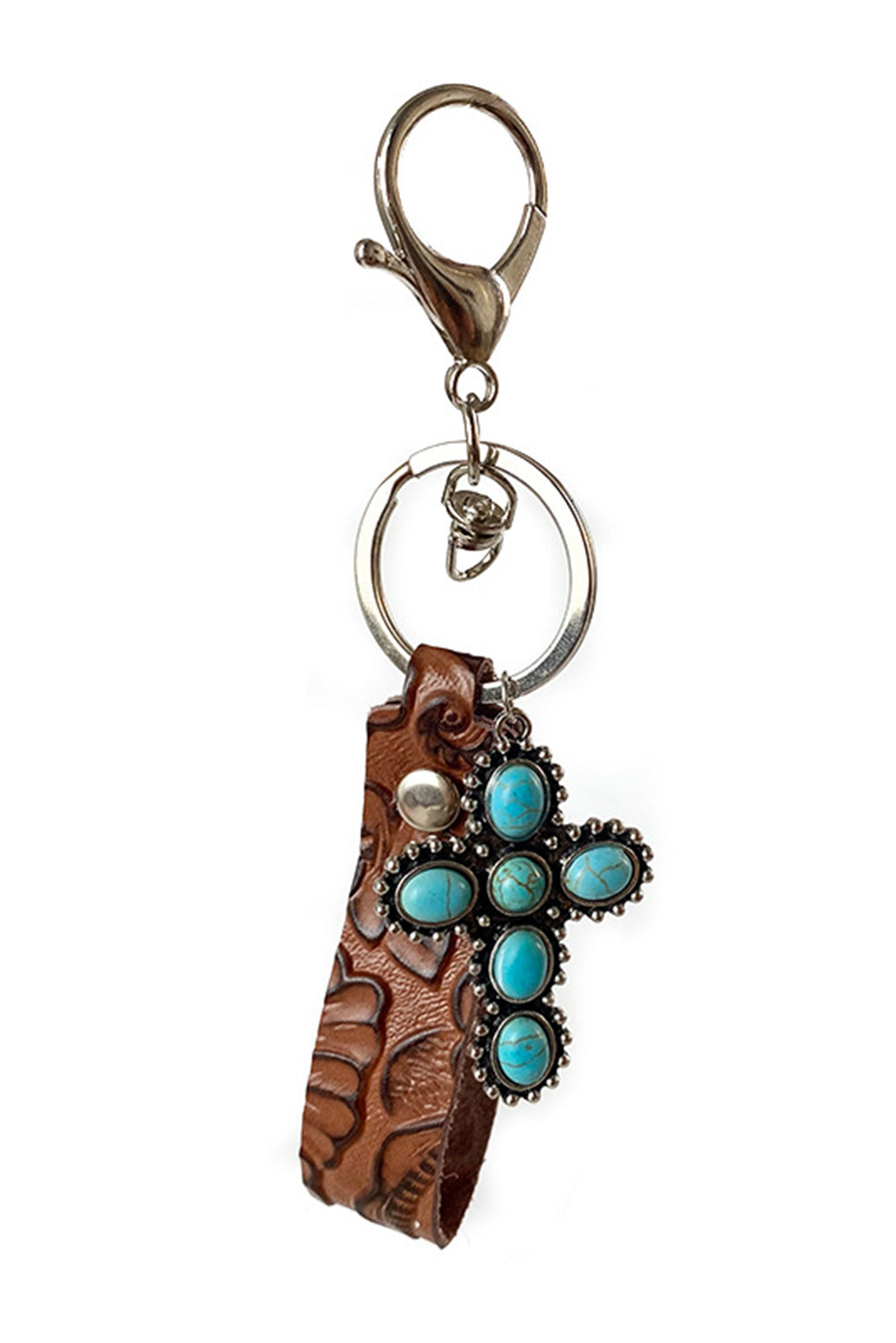 Brown Vintage Embossed Turquoise Leather Key Chain Other Accessories JT's Designer Fashion