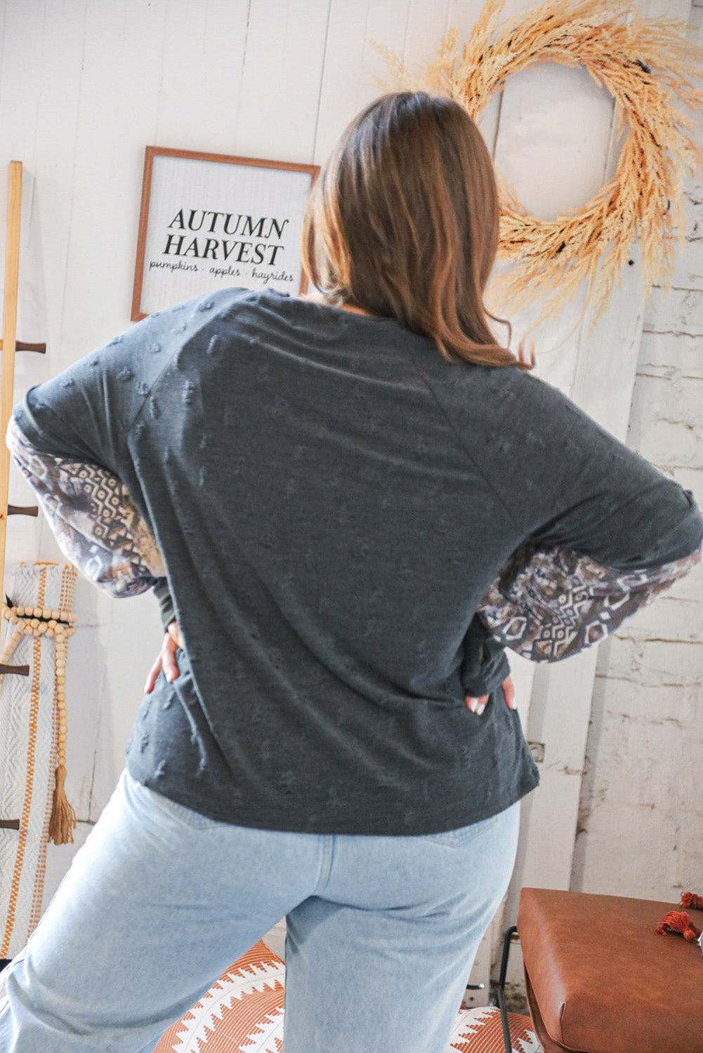 Gray Plus Size Ethnic Splicing Thumbhole Sleeve Distressed Top Plus Size JT's Designer Fashion