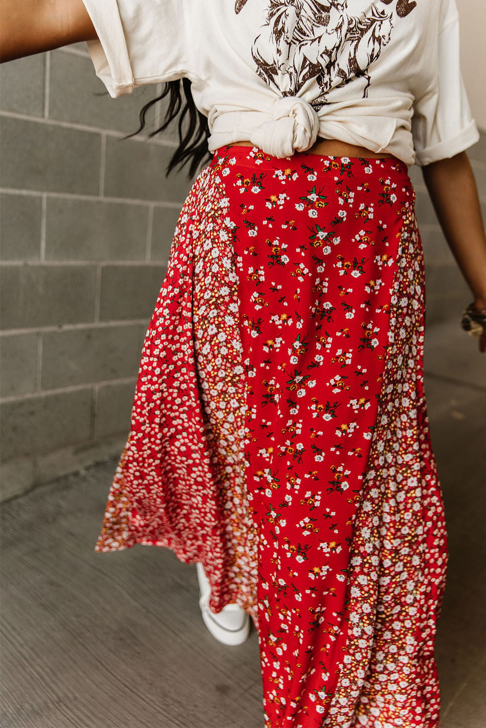 Red Floral Patchwork Print Flowy Maxi Skirt Bottoms JT's Designer Fashion