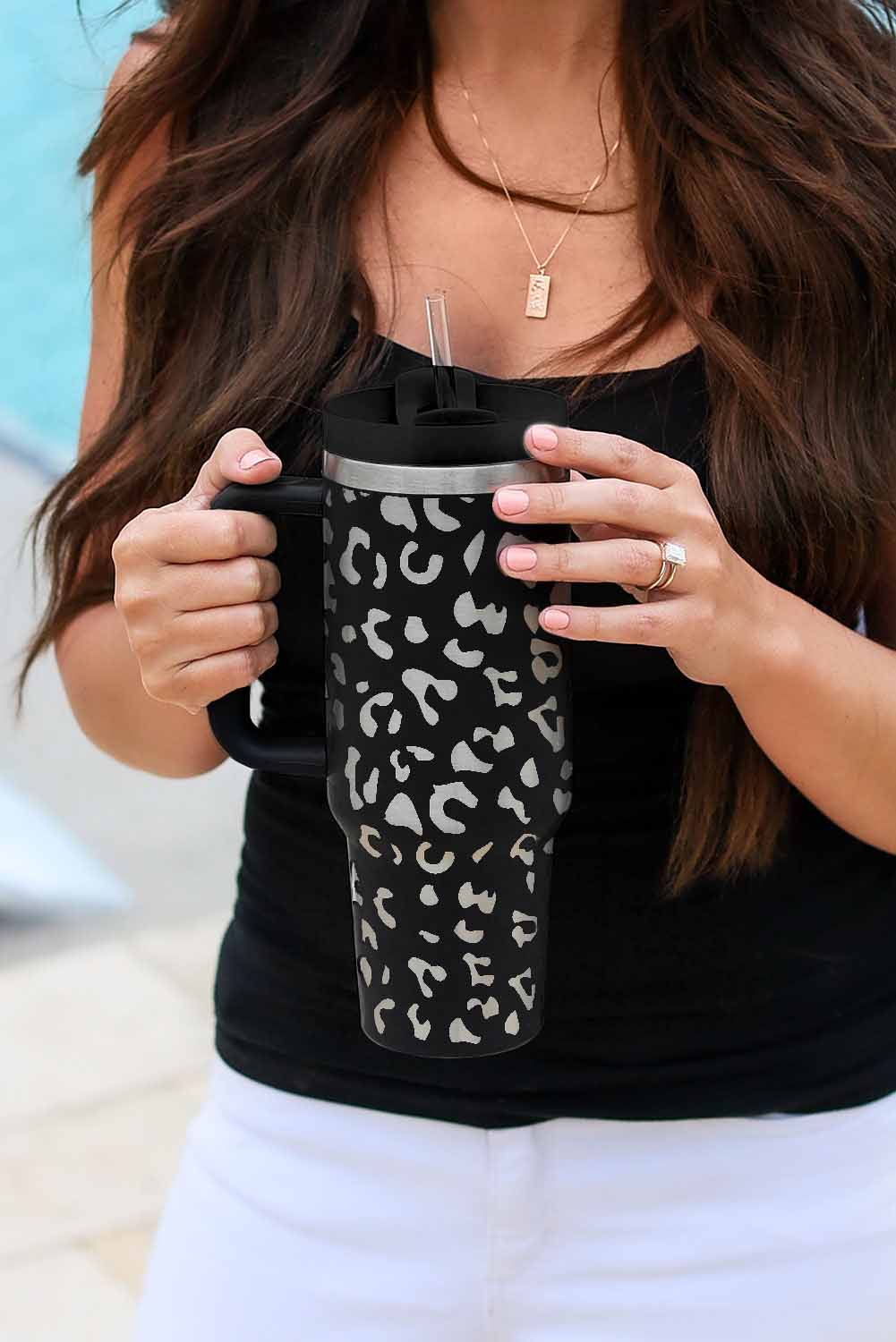 Black Leopard Print 40OZ Stainless Steel Portable Cup with Handle Tumblers JT's Designer Fashion