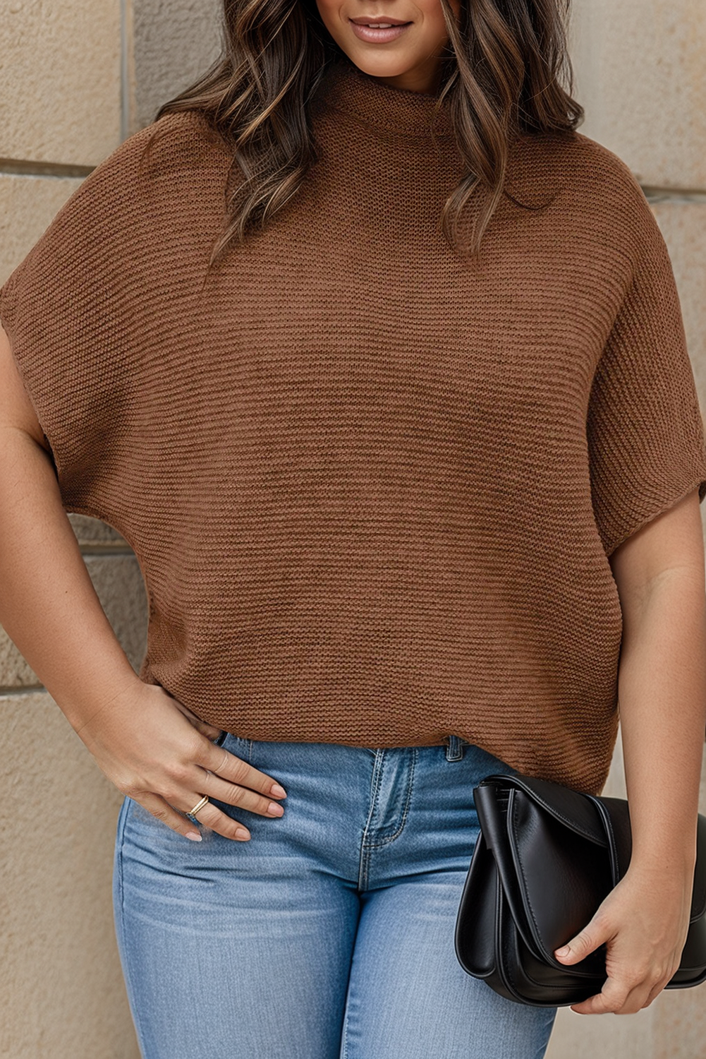 Chestnut Solid Color Batwing Sleeve Plus Size Knitted Top Plus Size JT's Designer Fashion