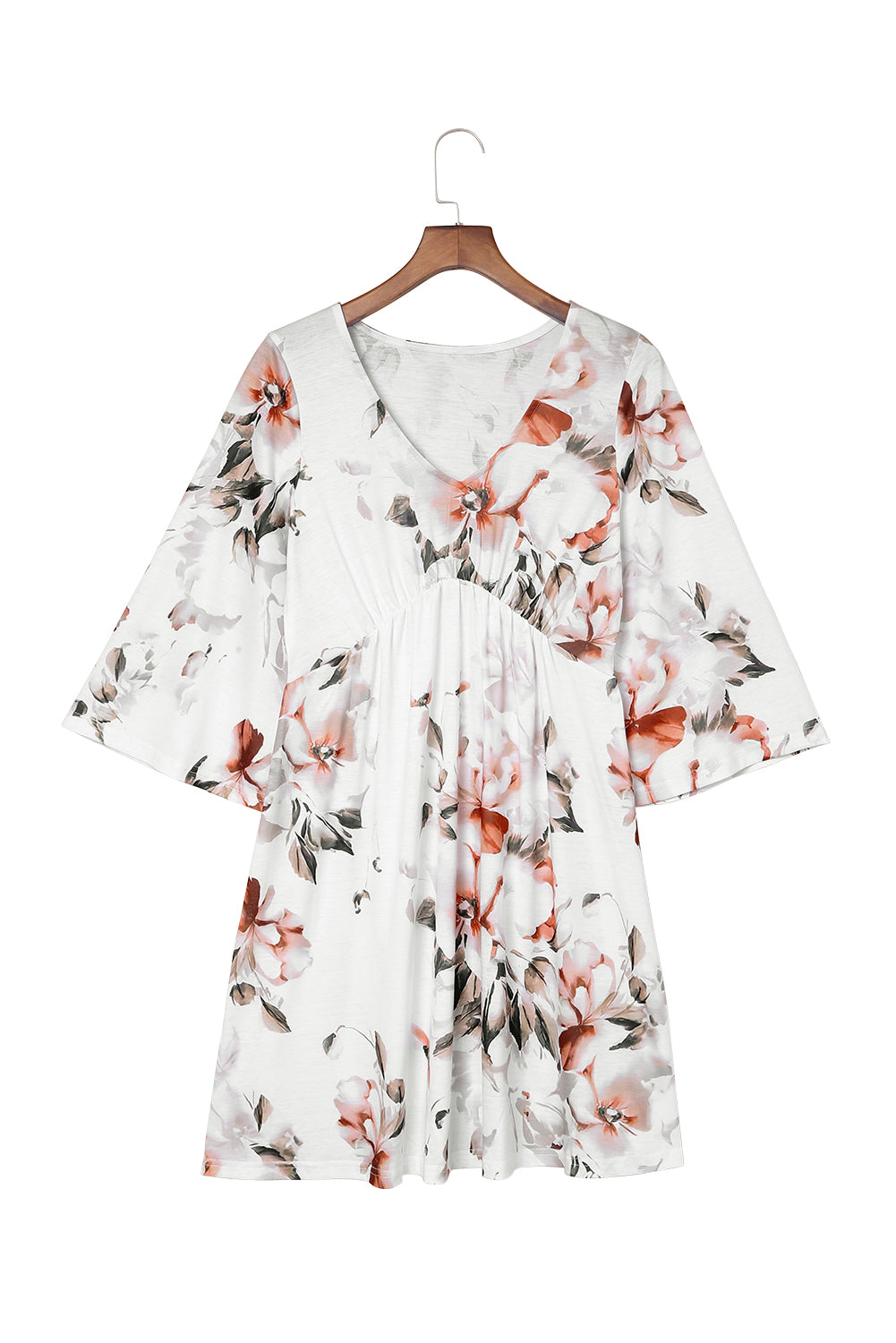 White V Neck 3/4 Sleeve Floral Dress Floral Dresses JT's Designer Fashion