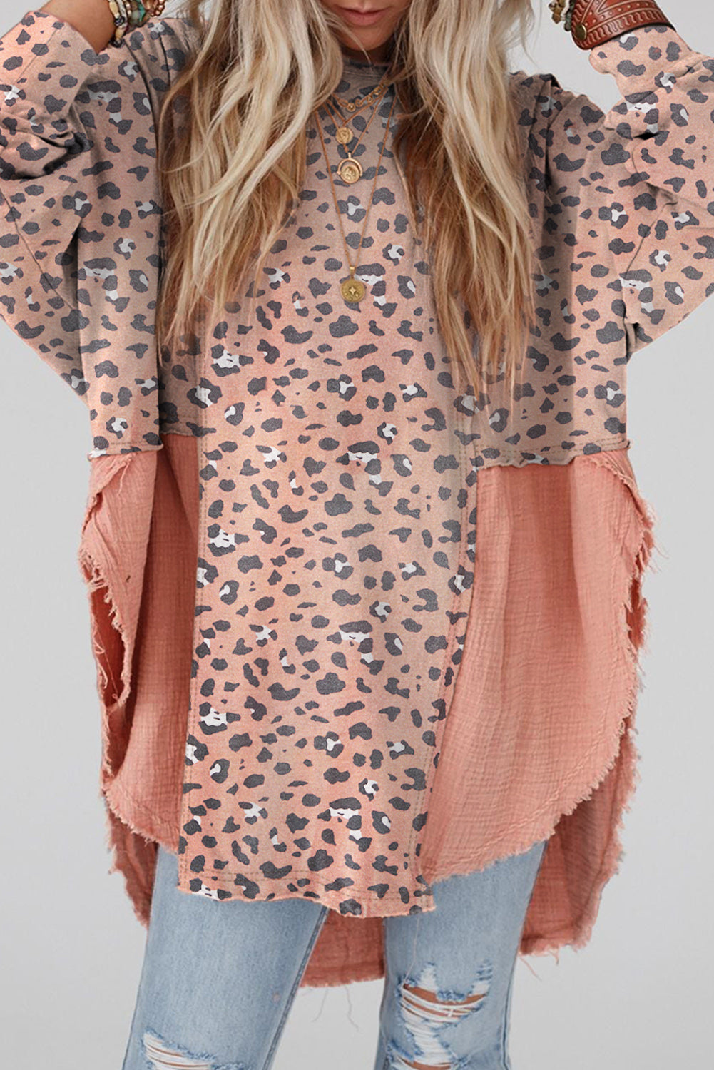 Pink Raw Edge Leopard Patchwork Oversized Blouse Pink 95%Polyester+5%Elastane Blouses & Shirts JT's Designer Fashion