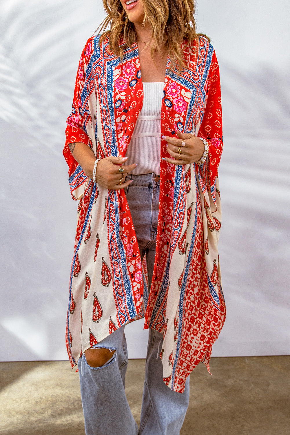 Red Long Paisley Print Kimono Beach Cover Up Kimono Kimonos JT's Designer Fashion