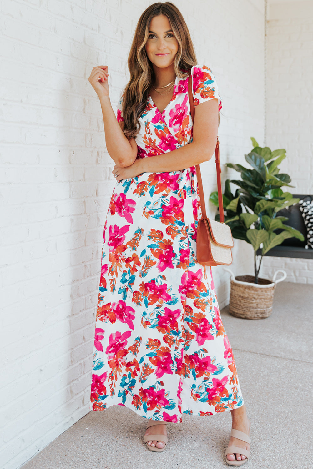 Rose Wrap V Neck Short Sleeve Floral Maxi Dress Floral Dresses JT's Designer Fashion