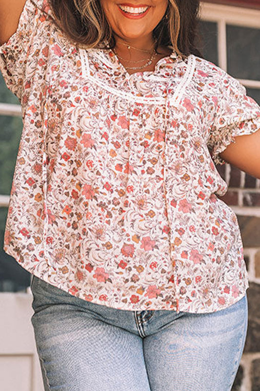 Pink Split Neck Floral Print Plus Size Top Plus Size Tops JT's Designer Fashion