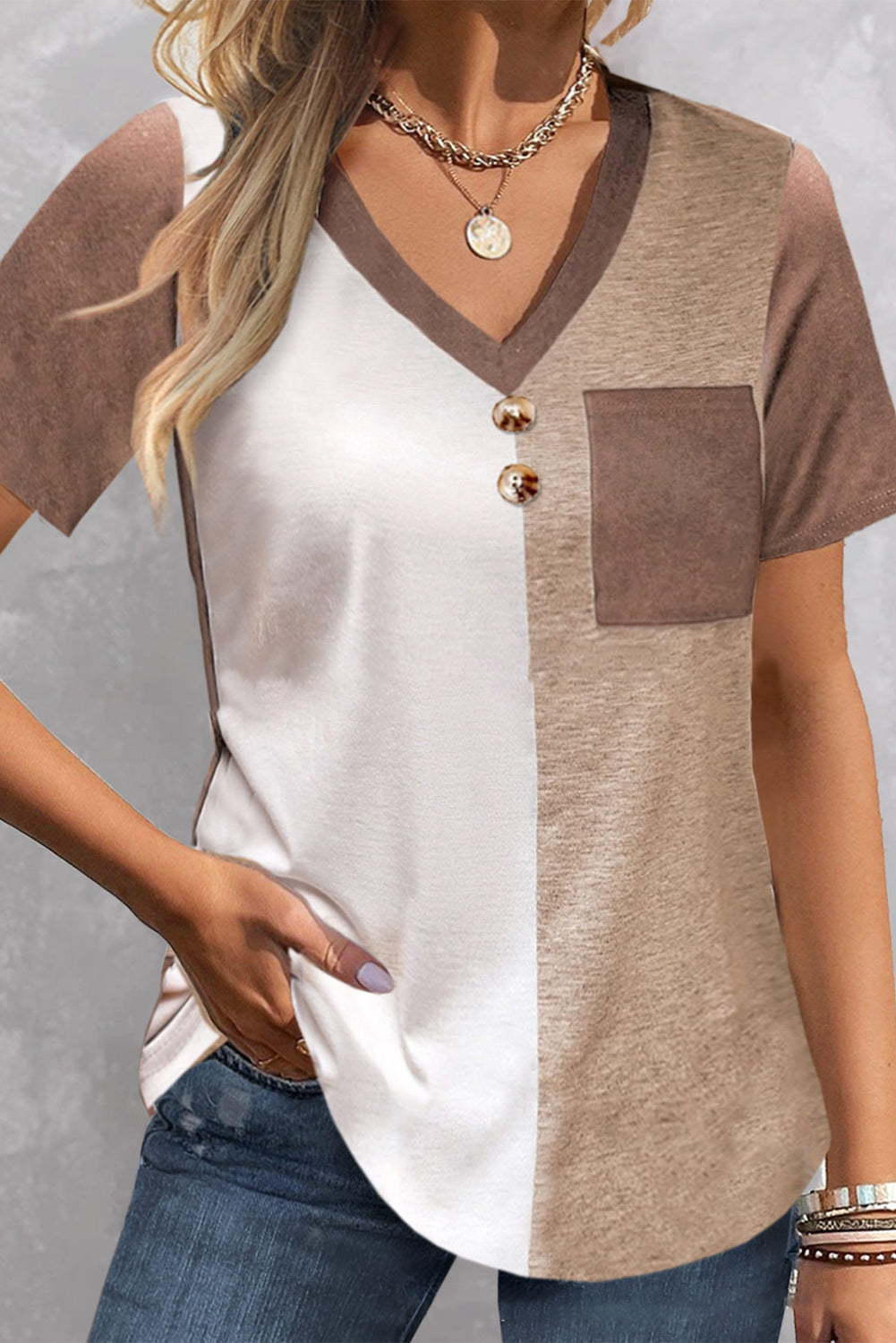 Khaki Color Block Patchwork Button V Neck T-shirt Tops & Tees JT's Designer Fashion