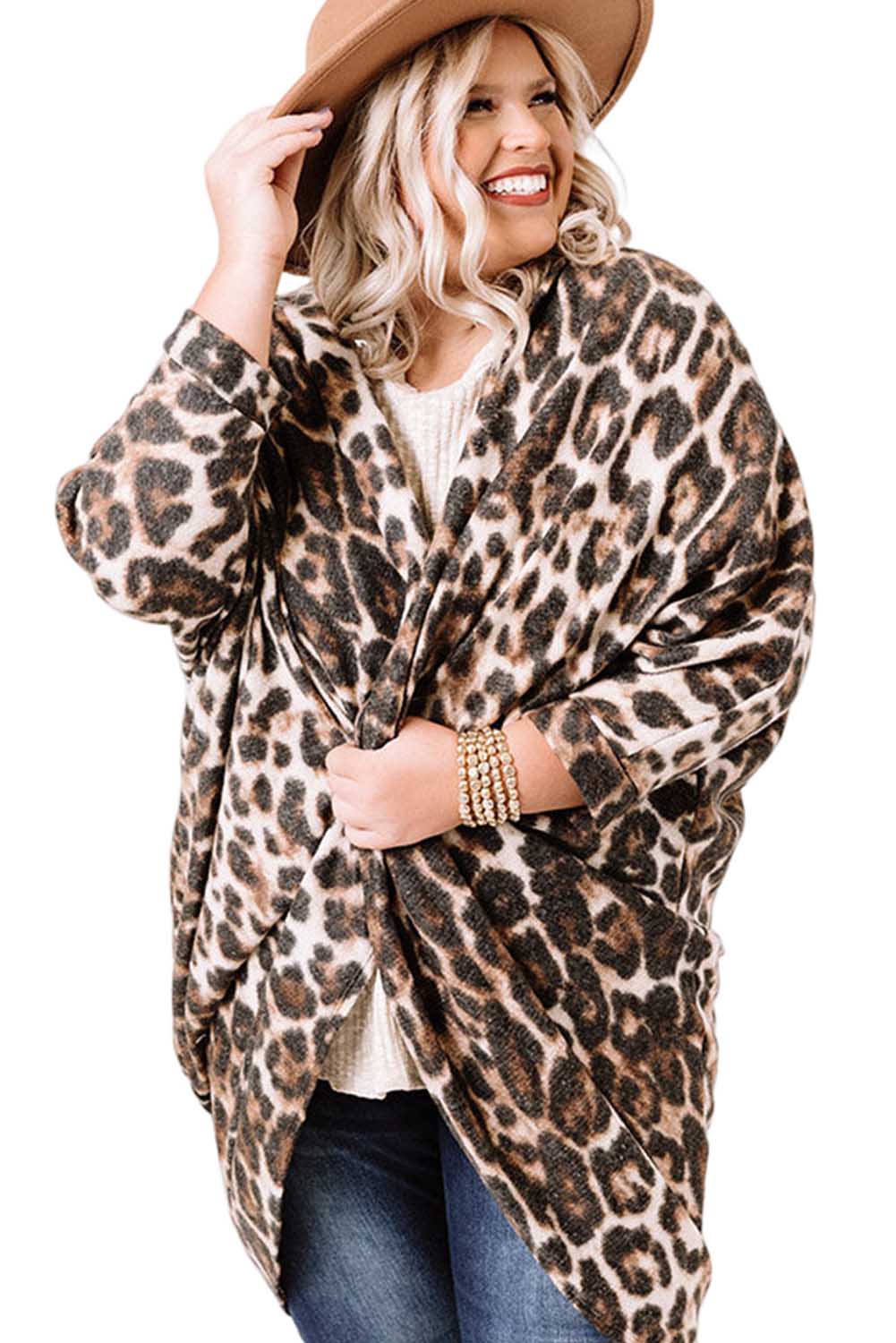 Leopard Plus Size Draped Open Front Cardigan Plus Size JT's Designer Fashion