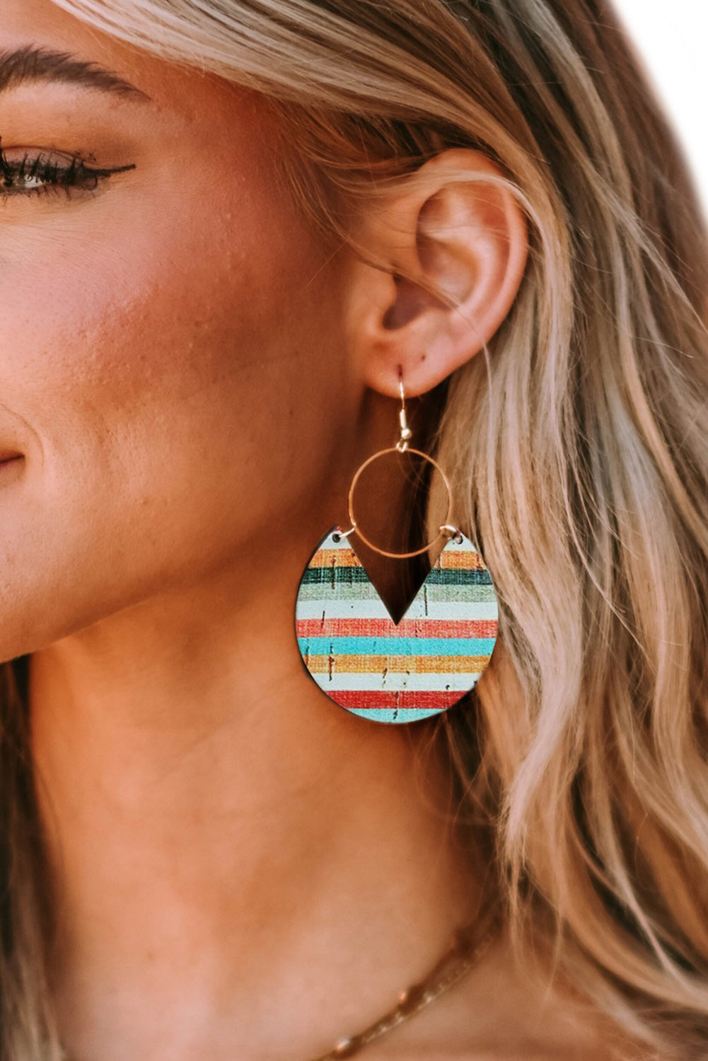 Multicolor Rainbow Stripe Pattern Notch Round Wooden Pendant Earrings Jewelry JT's Designer Fashion