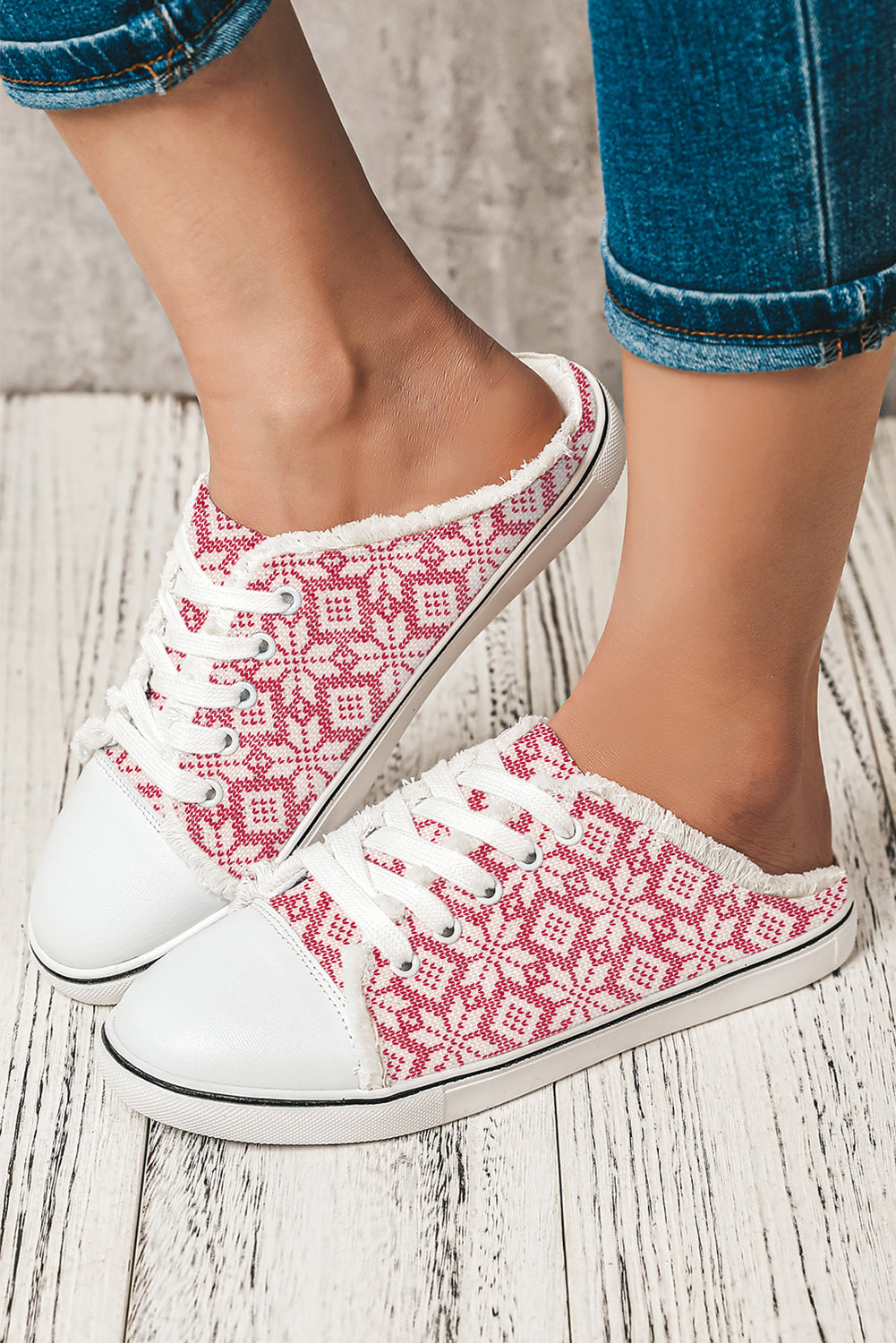 Strawberry Pink Snowflake Printed Frayed Lace-up Slip-on Shoes Women's Shoes JT's Designer Fashion