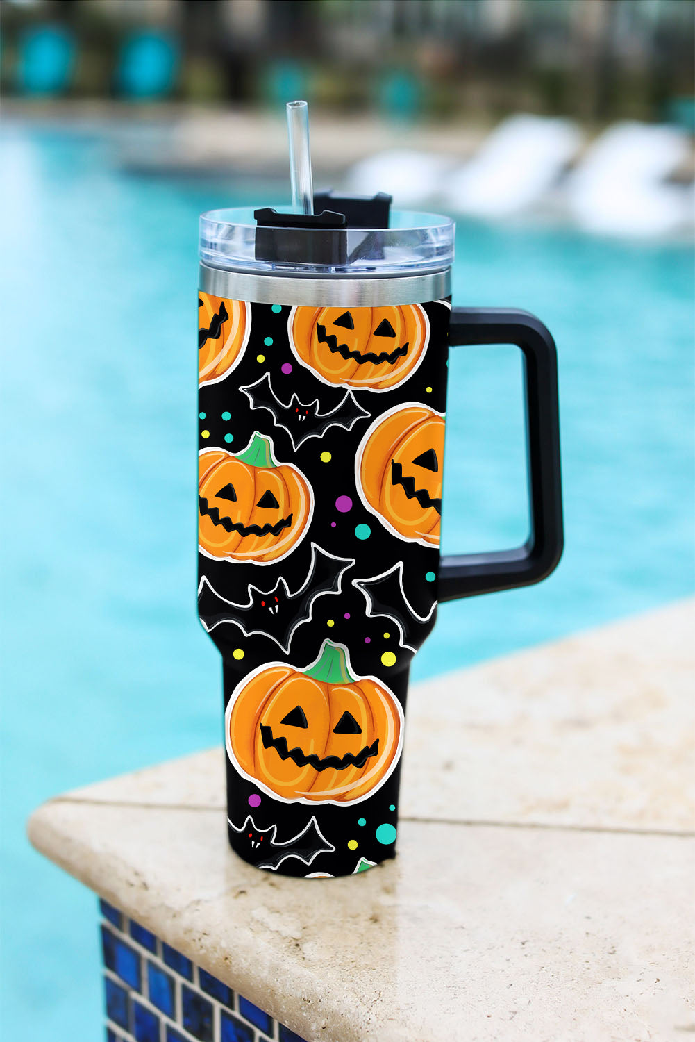 Black Halloween Pumpkin Bat Printed Tumbler with Straw Tumblers JT's Designer Fashion