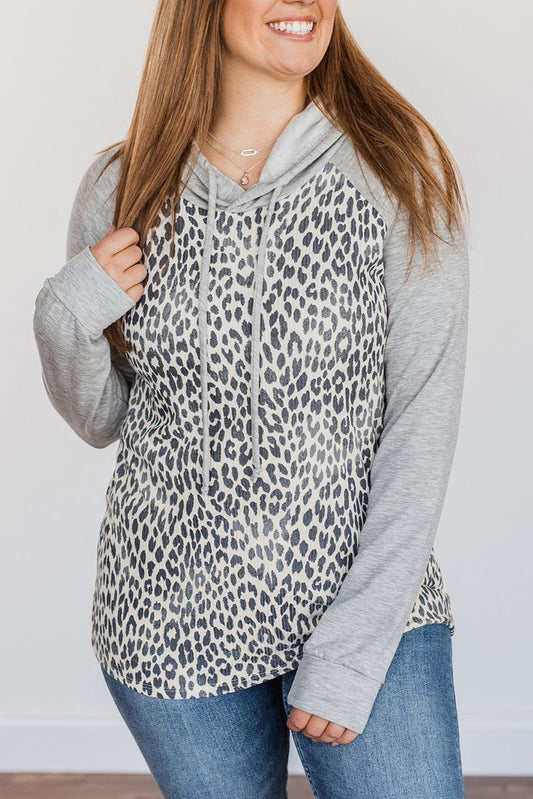 Leopard Plus Leopard Contrast Hood Long Sleeve Hoodie Plus Size Tops JT's Designer Fashion