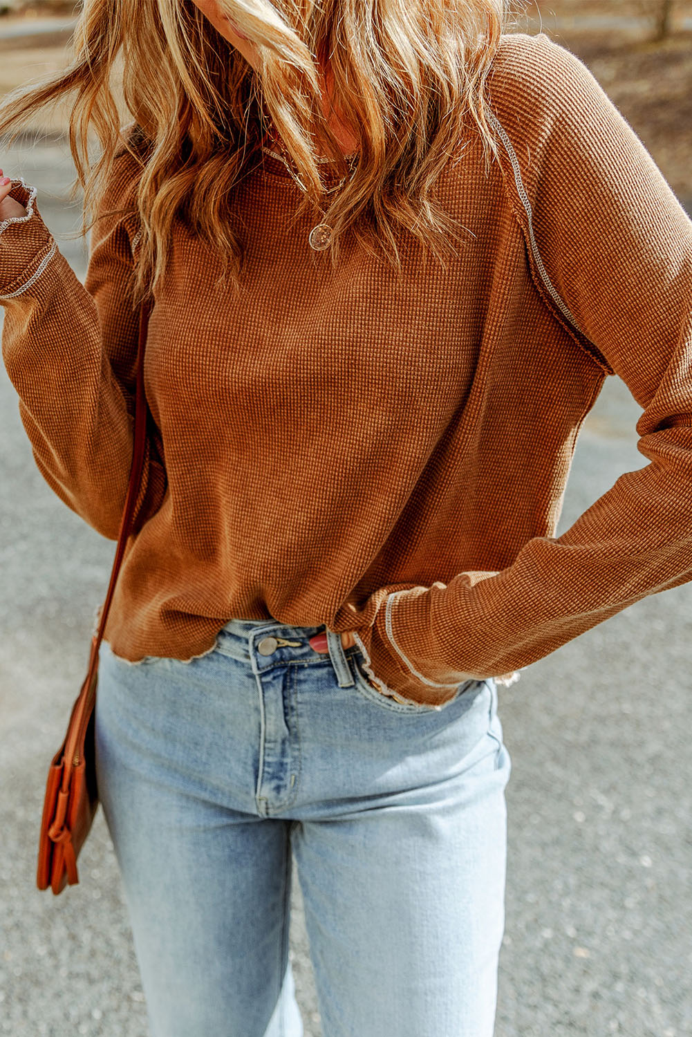 Brown Textured Crewneck Long Sleeve Top Tops & Tees JT's Designer Fashion