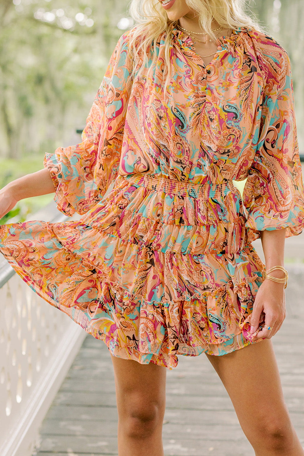 Multicolour Paisley Print Frilled Mini Dress Floral Dresses JT's Designer Fashion