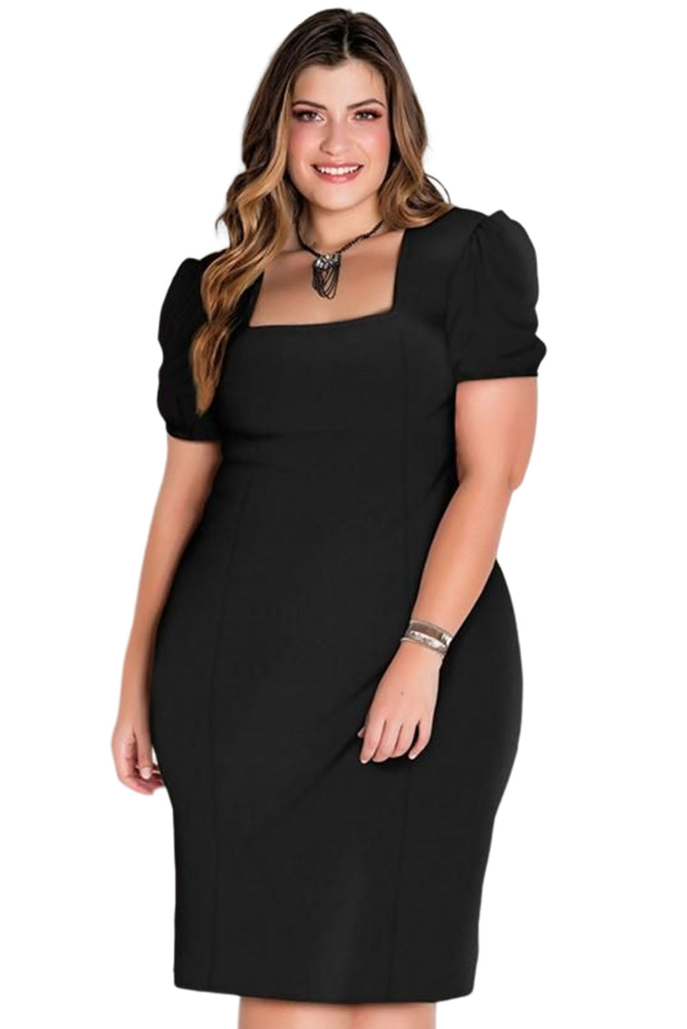 Black Square Neck Bubble Sleeve Plus Size Midi Dress Plus Size JT's Designer Fashion