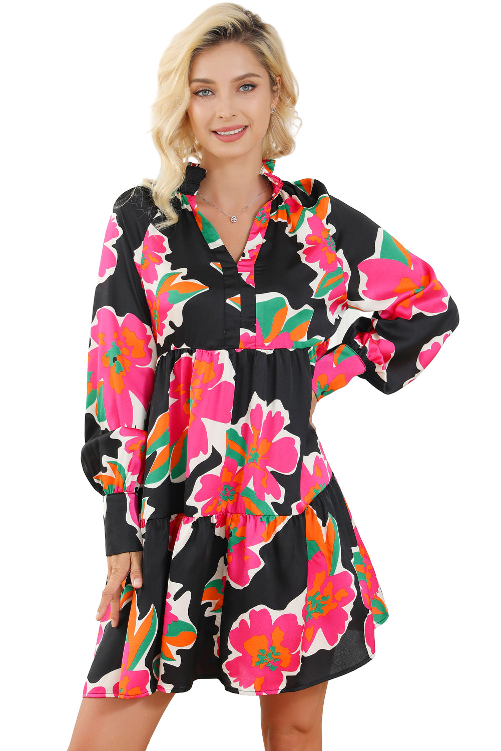 Multicolour Frill Collar Split Neck Long Sleeve Floral Dress Floral Dresses JT's Designer Fashion