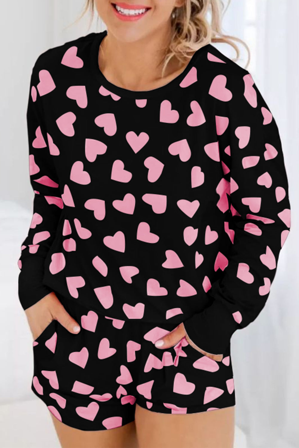 Black Heart Shape Print Long Sleeve Top Shorts Lounge Set Loungewear JT's Designer Fashion