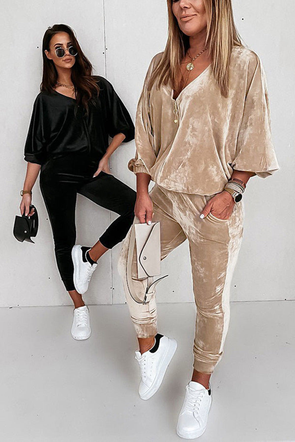 Parchment Velvet Zipped Top and Joggers Two Piece Set Bottoms JT's Designer Fashion