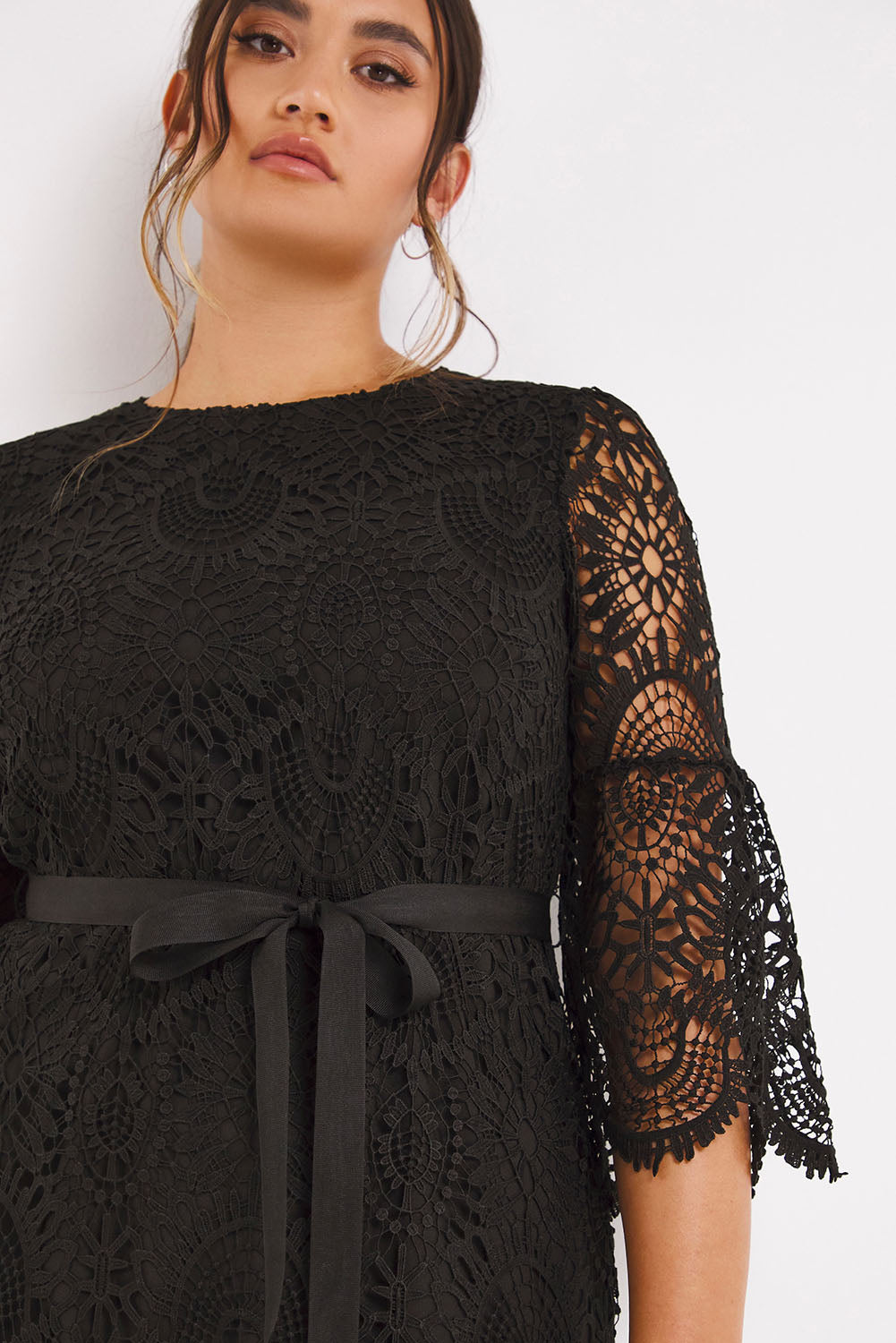 Black Plus Size 3/4 Sleeves Lace Lined Midi Dress with Belt Plus Size JT's Designer Fashion