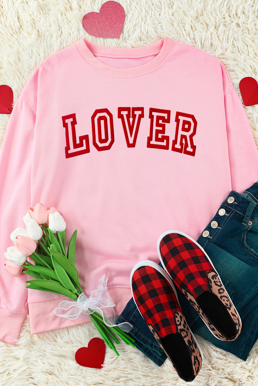 Pink LOVER Puff Print Drop Shoulder Pullover Sweatshirt Graphic Sweatshirts JT's Designer Fashion