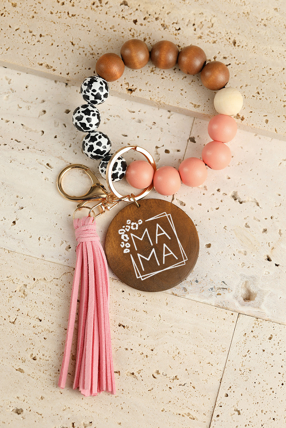 Pink MAMA Wood Pendant Leopard Fringe Keychain Other Accessories JT's Designer Fashion