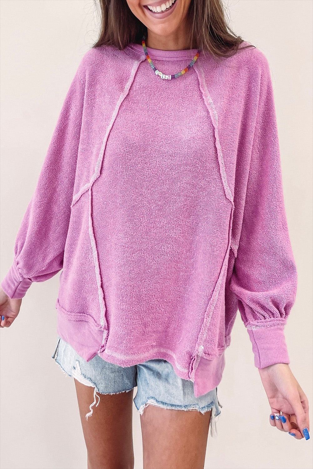 Pink Expose Seam Detail Terry Pullover Tops & Tees JT's Designer Fashion